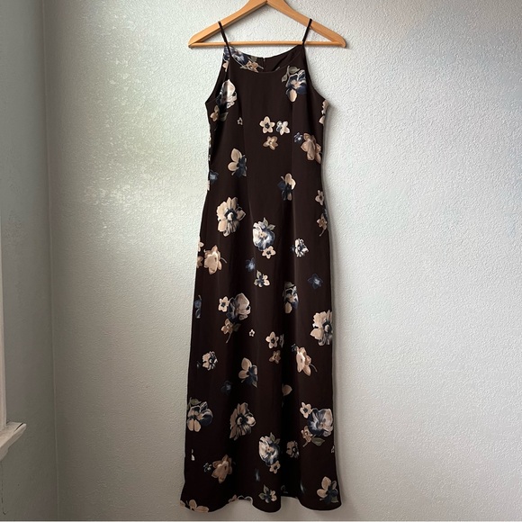 Vintage 90s Indie Brown Floral Slip Dress Spaghetti Strap Maxi Sense USA Size S - Picture 8 of 11